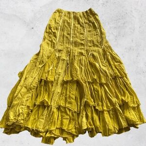 surrealist Skirt Small Yellow Tiered Maxi Boho Fairycore Ruffle Crinkle Size 1